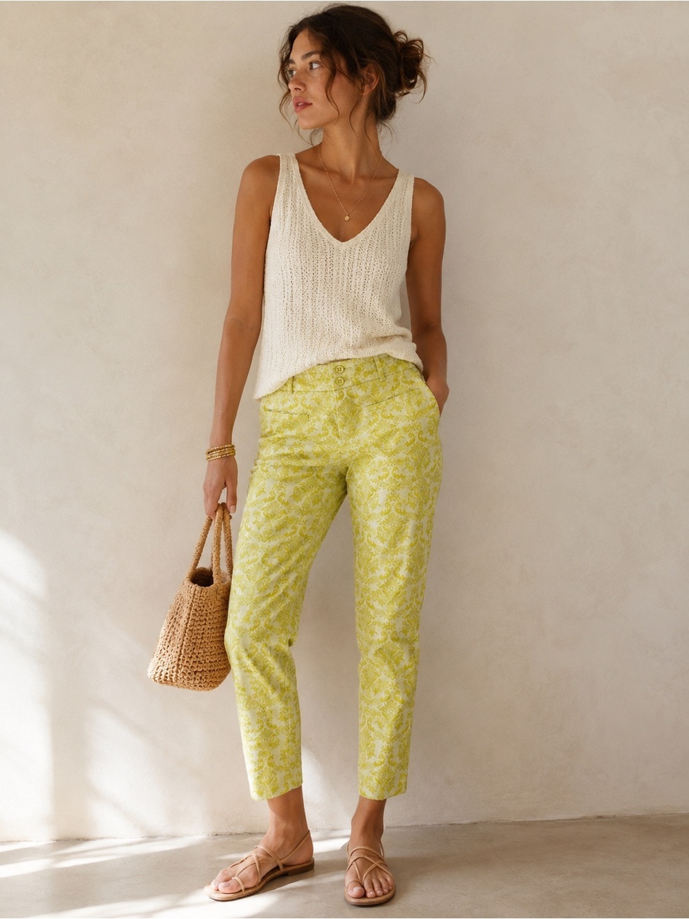 Anthropologie Cartonnier Yellow Jacquard Damask Ankle Pants Size 0